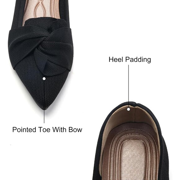Women's Black Pointed Toe Ballet Flats with Bow Comfortable Knit Dressy Flats - Picture 2 of 8